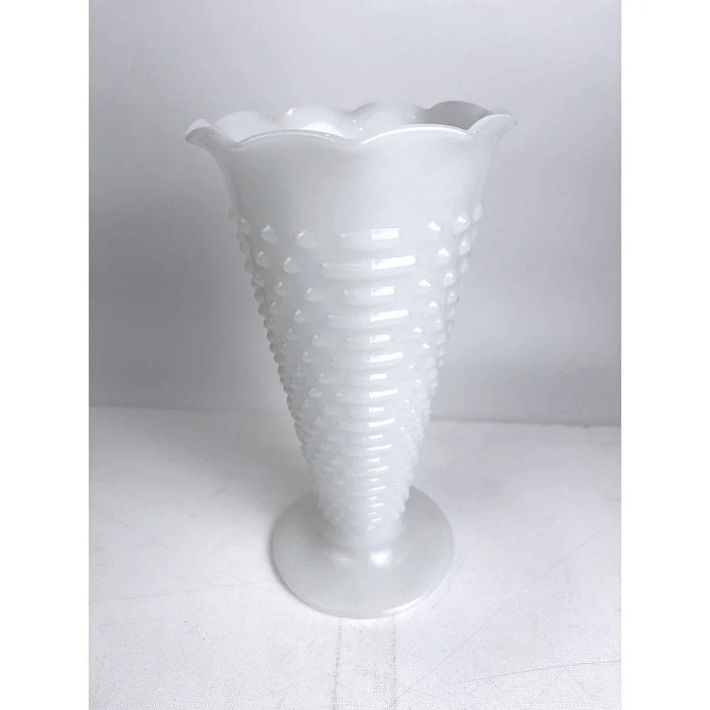 Vintage Fenton White Milk Glass Hobnail Trumpet Vases Ruffled Rim Pedestal Pair